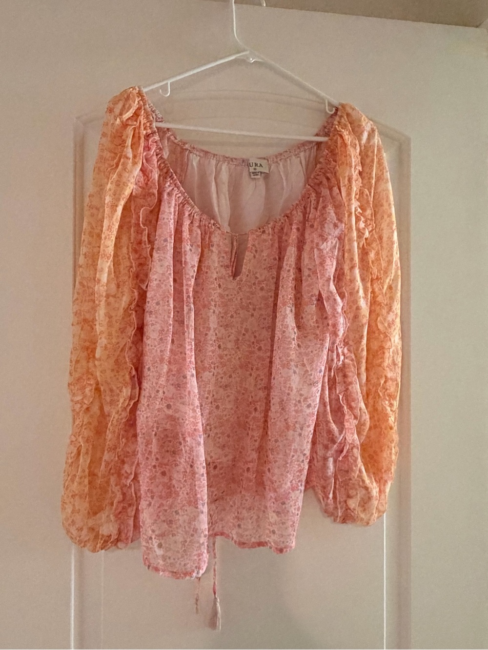 Aura Peach and Coral Floral Peasant Top